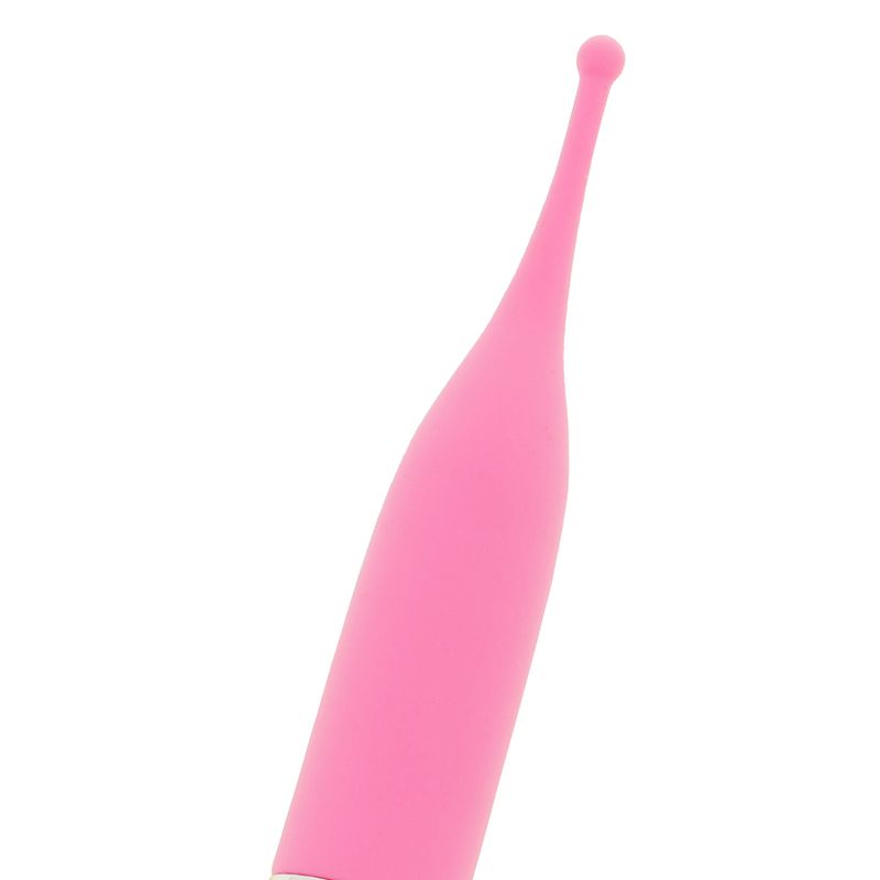 Nahaufnahme eines rosa Stimulator-Kopfes mit Kugelspitze. Weißer Griffansatz. Silberfarbener Ring.