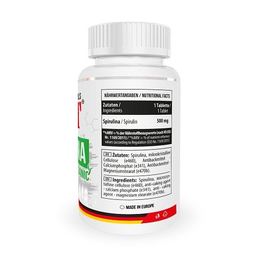 Weißes Pillenbehälter mit Etikett. Rückseite mit Nährwertangaben und Inhaltsstoffen. Spirulina-Informationen.