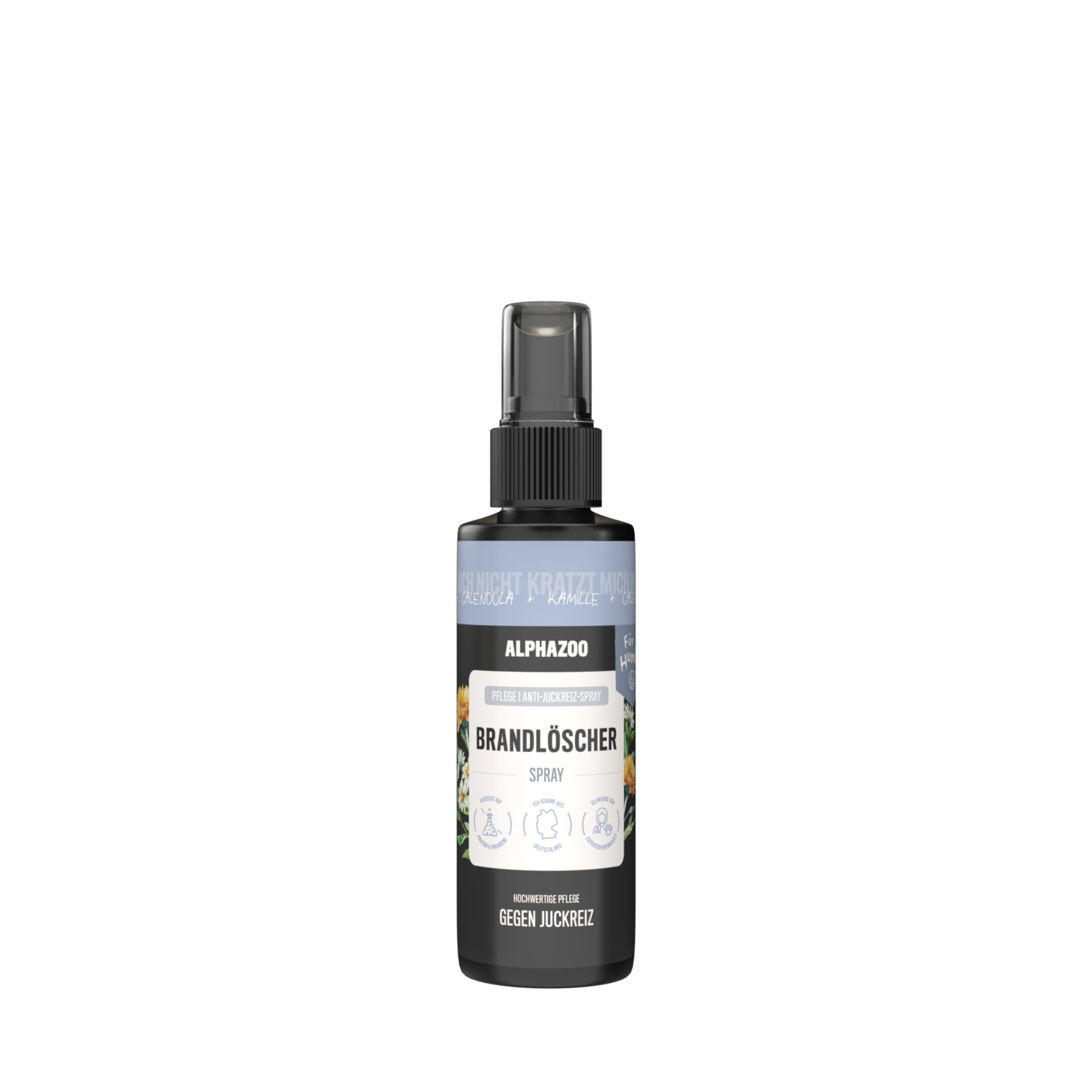 Schwarze Sprühflasche mit Etikett. Aufschrift: ALPHAzoo Brandlöscher Spray gegen Juckreiz.