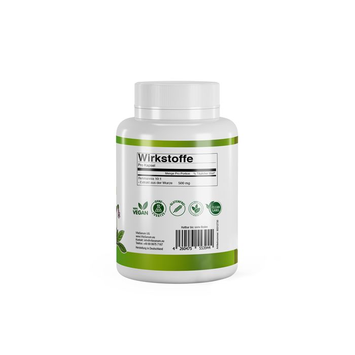 Weiße Kapsel-Dose mit grünem Etikett. Aufschrift: Wirkstoffe, Vegan-Logo, Qualitätszeichen.