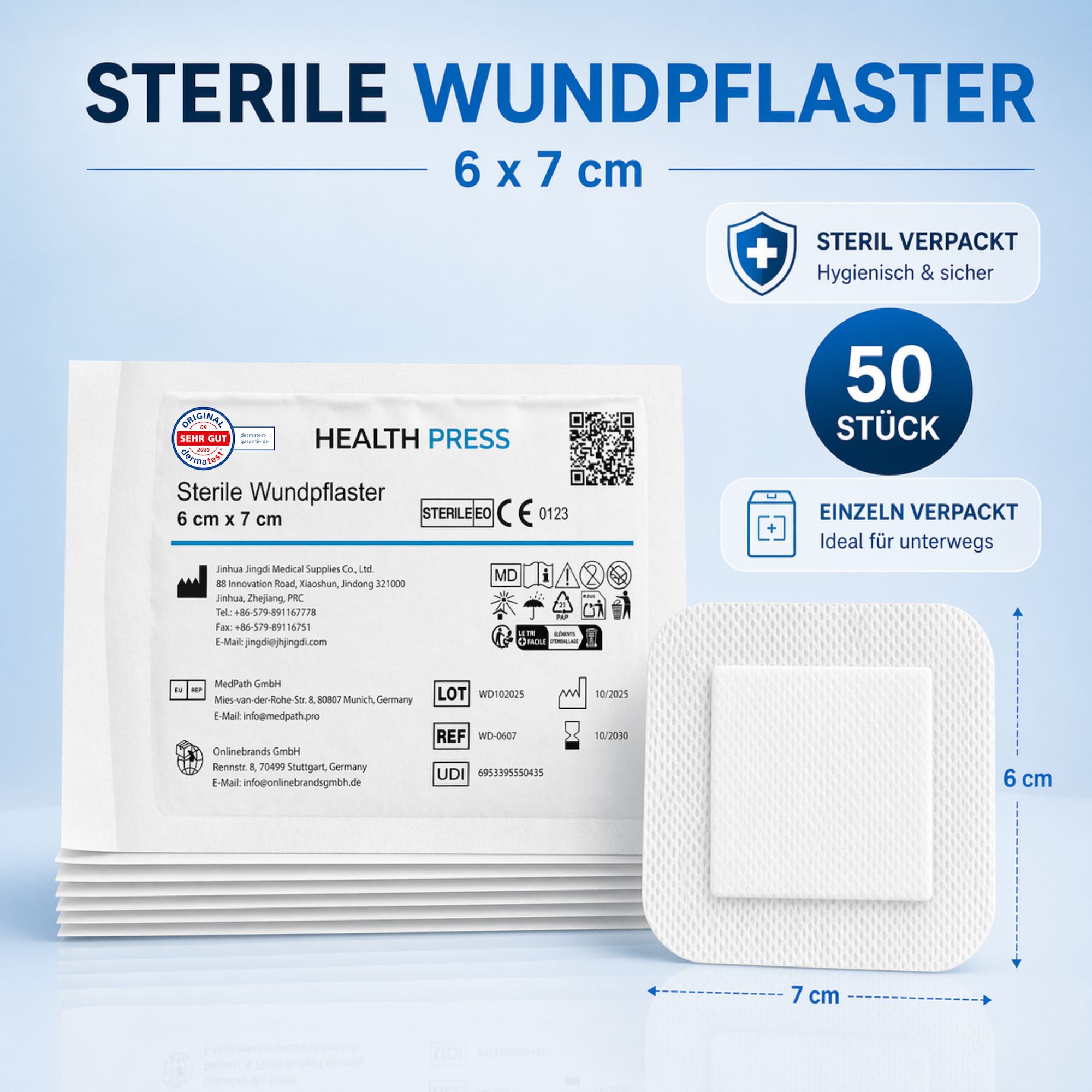 Verpackung und einzelnes steriles Wundpflaster 6x7 cm, 50 Stück, einzeln verpackt.