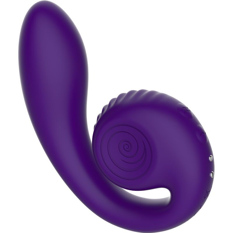 Lila Dual-Stimulator. Schneckenförmiges Design mit spiralförmiger Textur. Drei Knöpfe. Glatte Oberfläche.