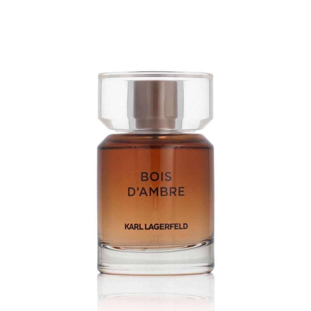 Parfümflakon mit transparentem Verschluss. Aufschrift: Bois d'Ambre, Karl Lagerfeld. Flüssigkeit bernsteinfarben.
