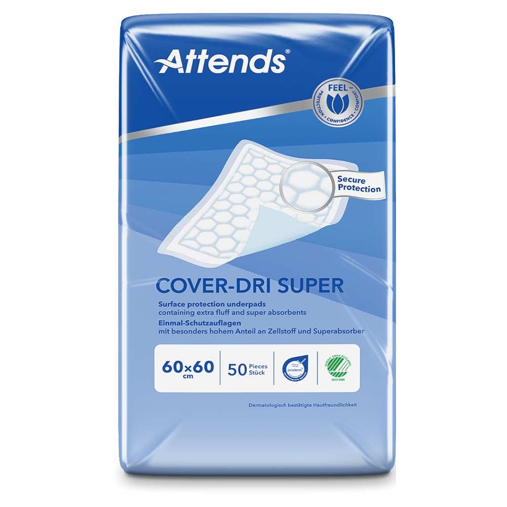 Attends Cover-Dri Super, 60x60 cm, in Verpackung. Blaue Verpackung mit Produktabbildung und Text. 50 Stück.