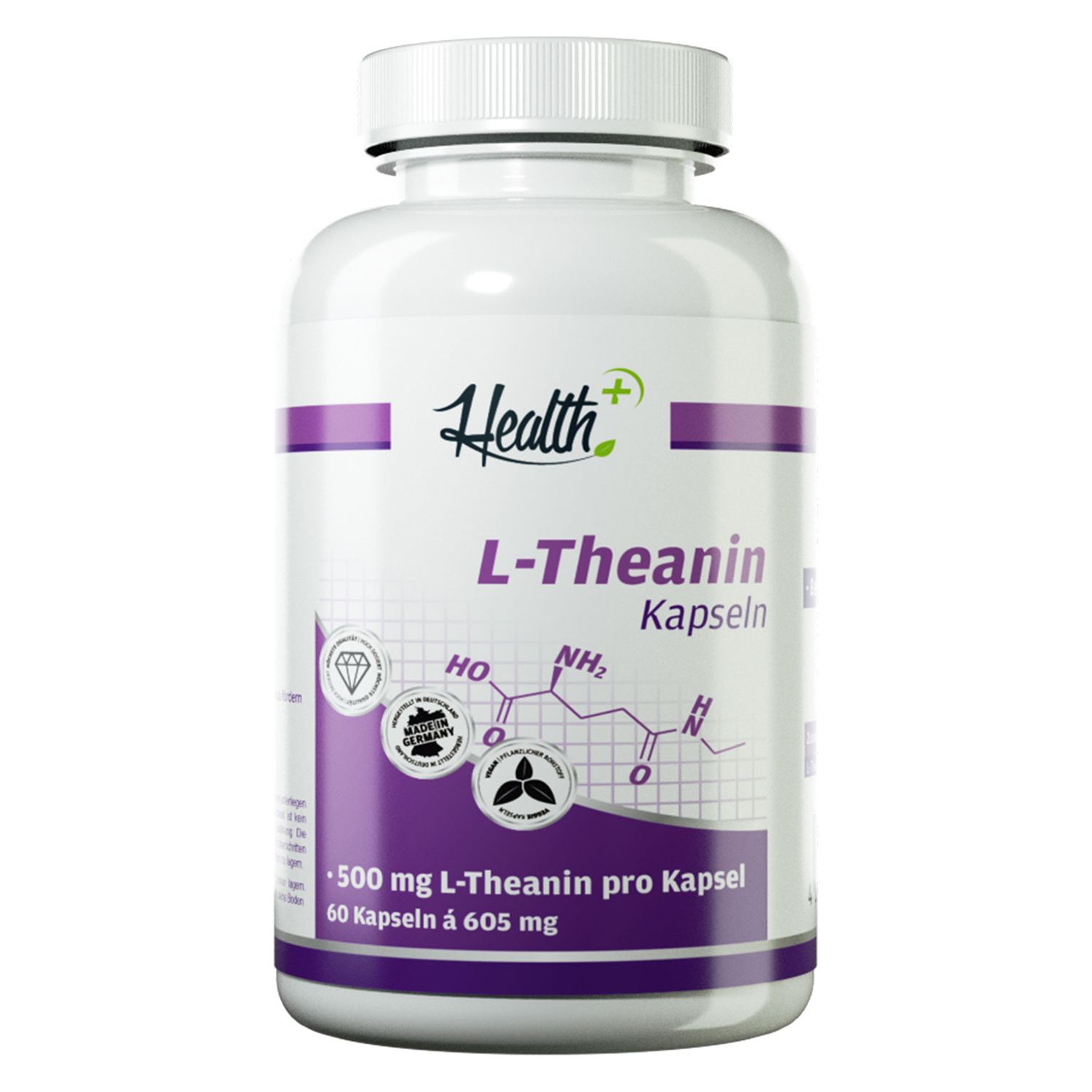 Weißes Pillenbehälter mit lila Akzenten. Aufschrift: Health+ L-Theanin Kapseln. Enthält 60 Kapseln. Mit Qualitätszeichen.