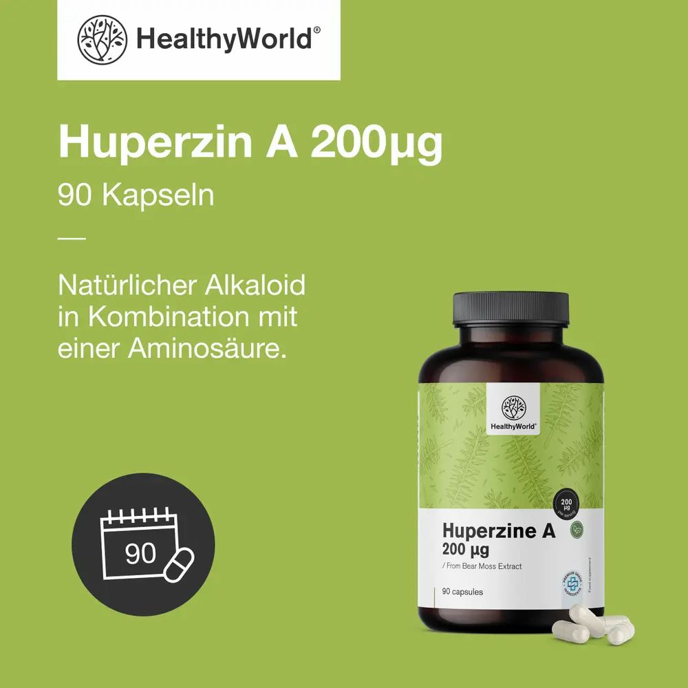Huperzin A 200 µg, 90 Kapseln. Braune Flasche mit Kapseln. Grüner Hintergrund. Logo HealthyWorld.