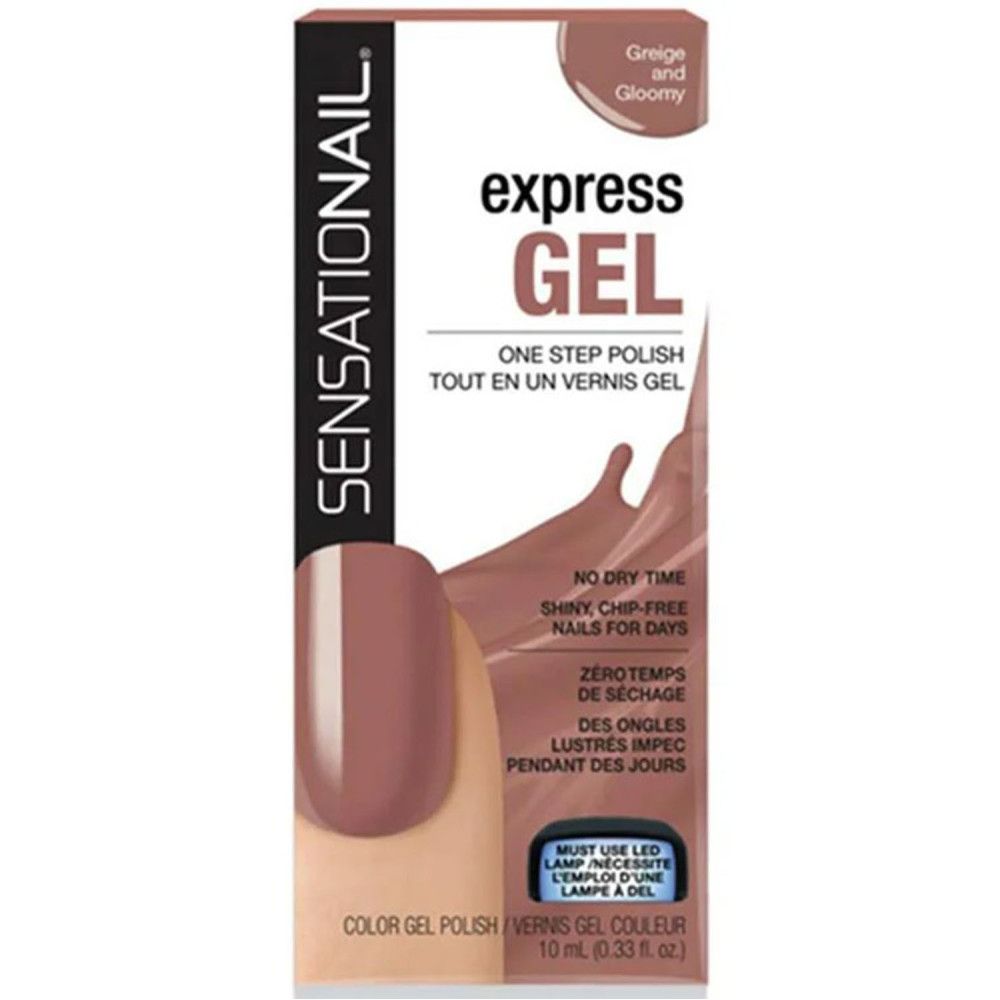 Nagellack-Verpackung. Produktname: express GEL. Farbe: Greige and Gloomy. Merkmale: Kein Trocknen, glänzend, splitterfrei. Volumen: 10 ml.