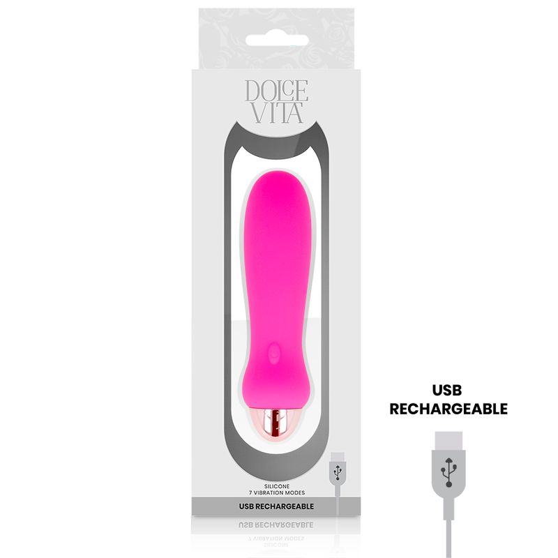 Pinkfarbener Vibrator in Verpackung. Verpackung mit Produktname, USB-Ladefunktion und 7 Vibrationsmodi. USB-Kabel-Symbol.