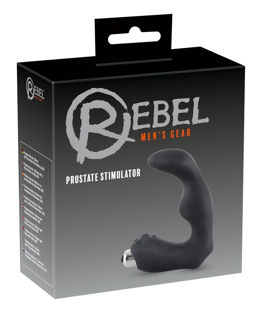 Verpackung von Rebel Men's Gear. Schwarze Box mit Produktabbildung und Text: Prostatastimulator.