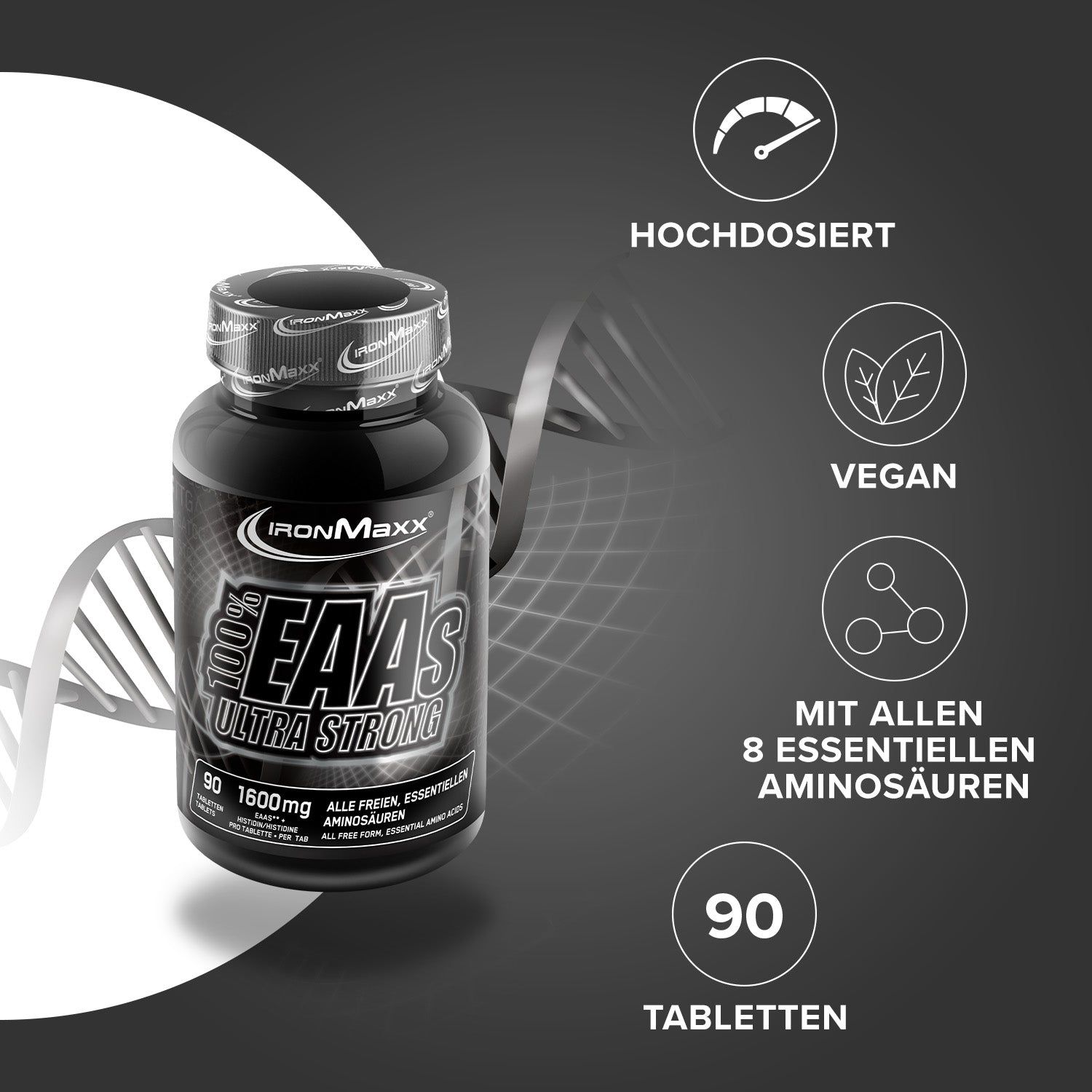 Vergleich IronMaxx 100% EAAs Ultra Strong mit Konkurrenz. Hochdosiert, vegan, gut schluckbar.