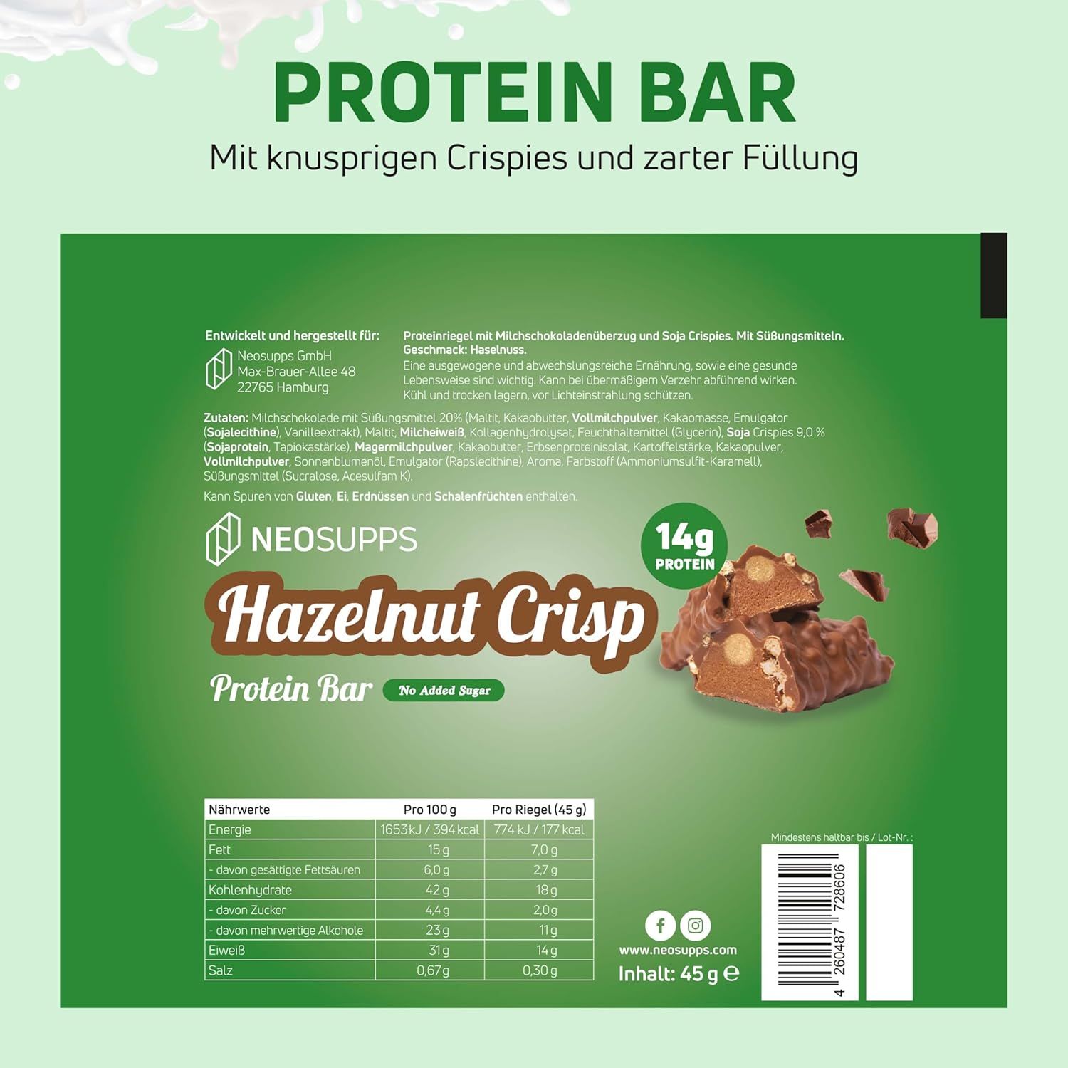Grüne Verpackung von Proteinriegel mit Aufschrift "Hazelnut Crisp" und Nährwertangaben. Auf der Verpackung steht "14g Protein".