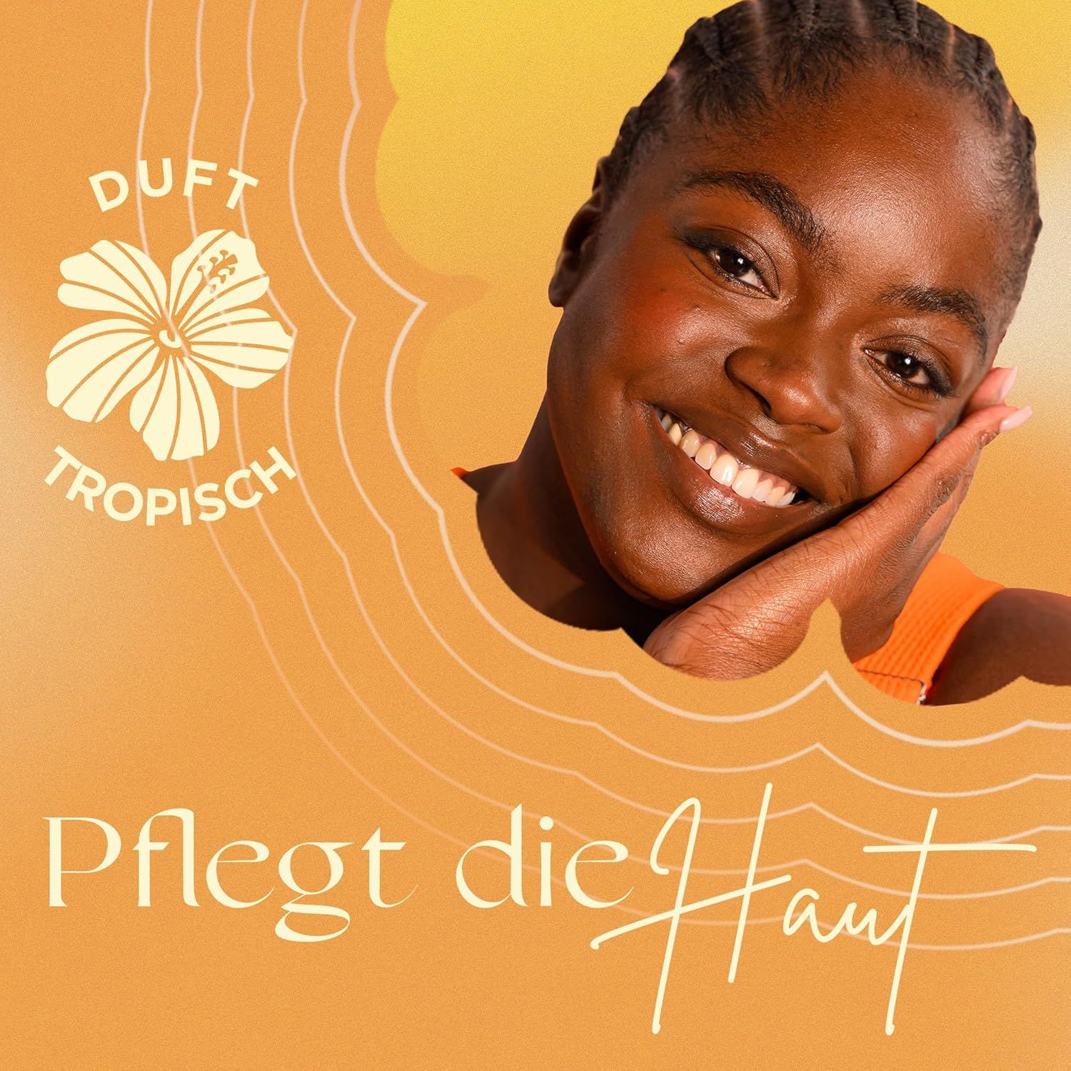Lächelnde Frau. Text: Duft tropisch, pflegt die Haut.