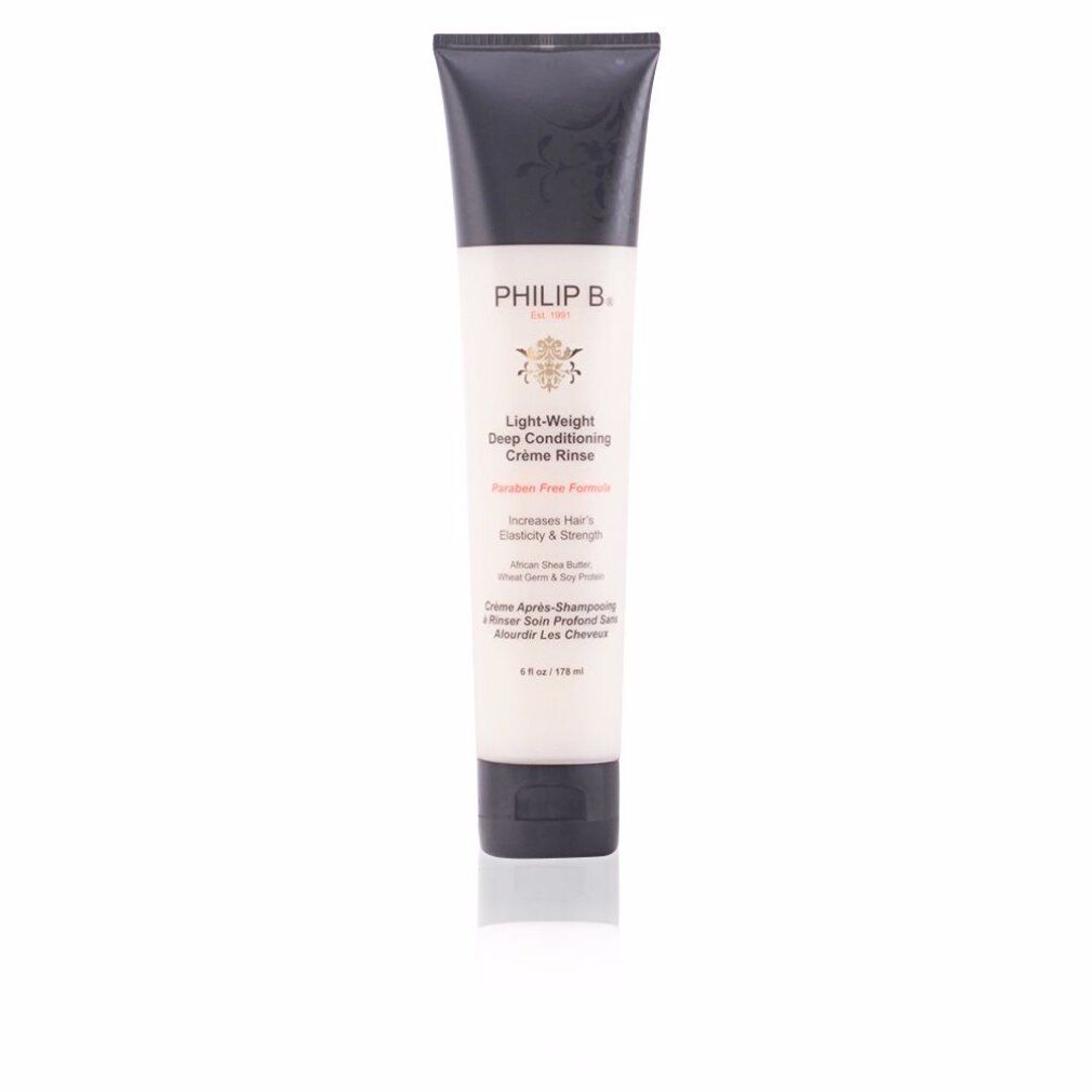 Creme-Tube mit schwarzem Deckel. Aufschrift: Philip B, Light-Weight Deep Conditioning Crème Rinse, Paraben Free Formula. Für Haare.