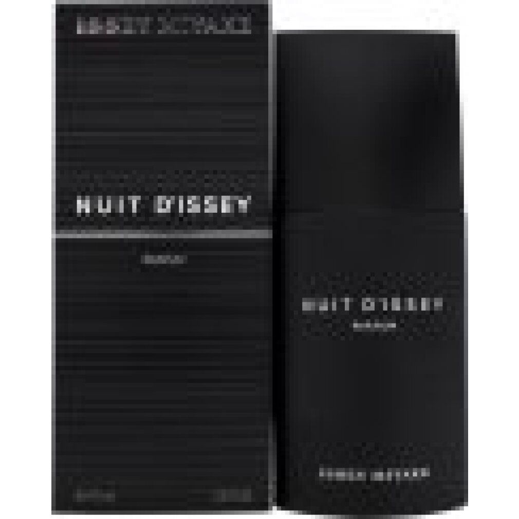 Schwarzer Flakon und Verpackung. Nuit d'Issey Parfum-Schriftzug. Issey Miyake-Logo. Vertikale, geriffelte Textur.