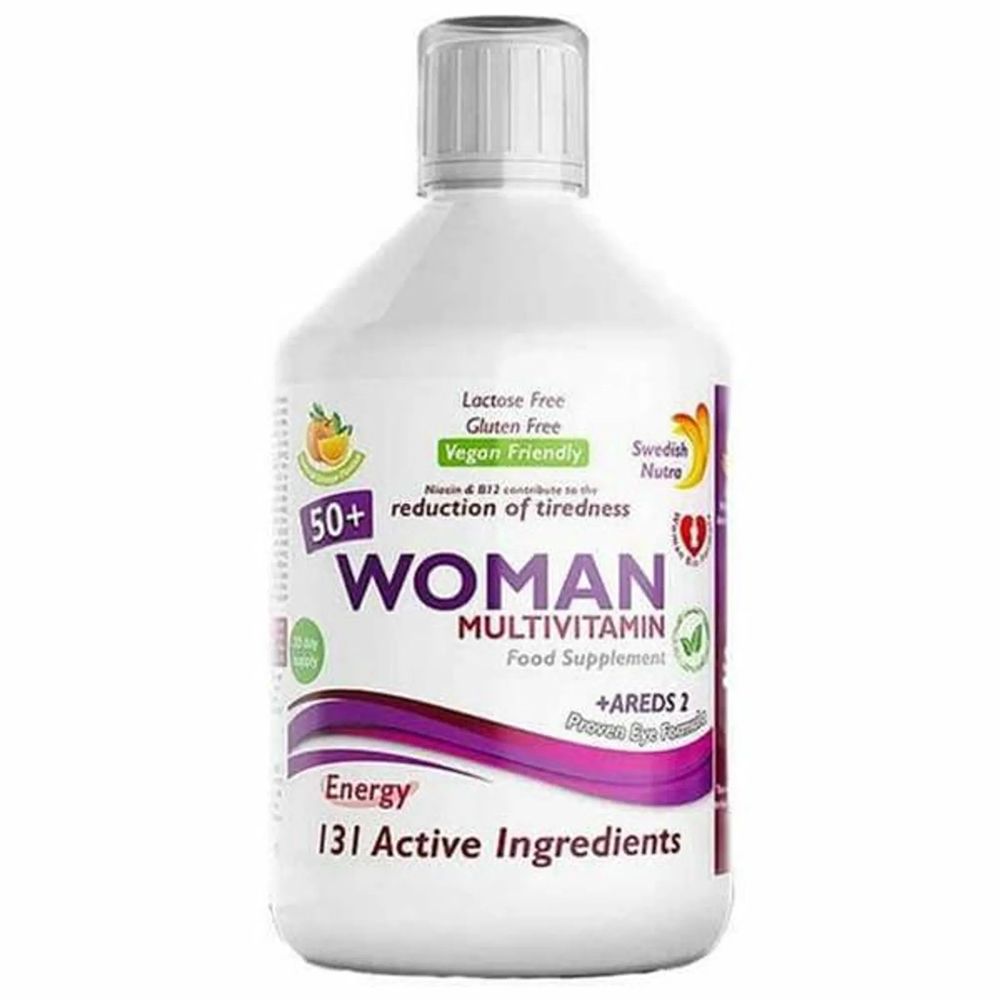 Weißes Flasche mit Aufschrift "WOMAN MULTIVITAMIN". Enthält 131 Wirkstoffe. Vegan, laktose- und glutenfrei. Reduziert Müdigkeit.