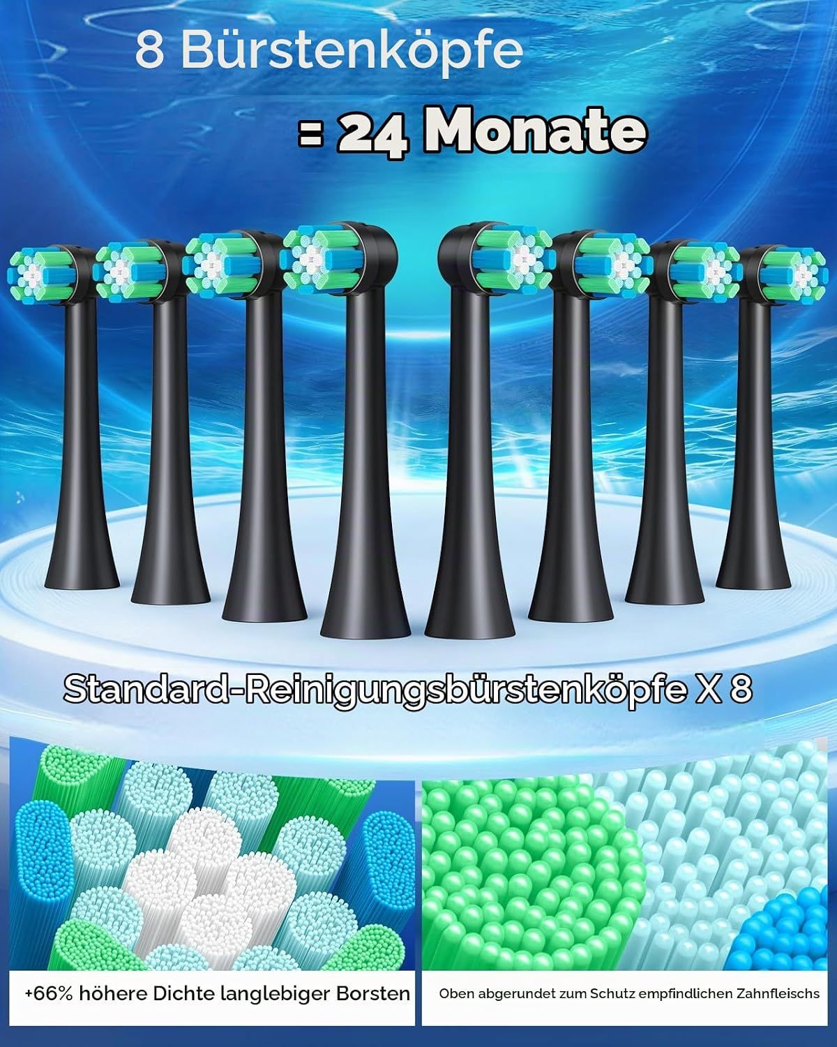 Elektrische Zahnbürste mit 8 Aufsteckbürsten, 4x Standard, 4x Interdental. Für 24 Monate.