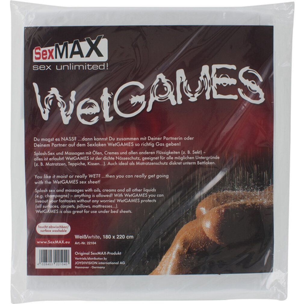 Sex-Laken in Folienverpackung. Aufdruck: SexMAX, WetGAMES. Text in Deutsch und Englisch. Größe: 180 x 220 cm.