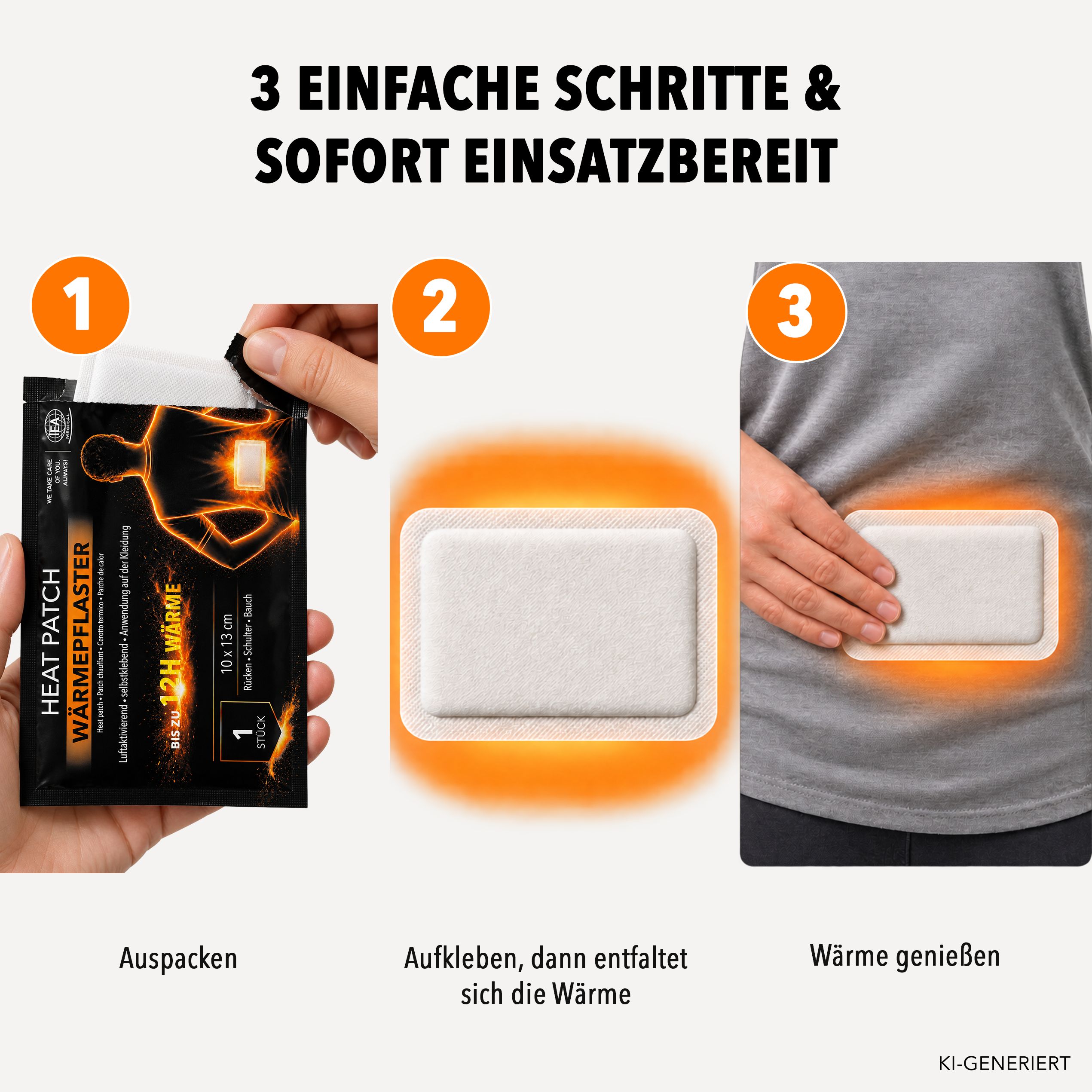 Drei Schritte zur Anwendung eines Wärmepflasters: Auspacken, Aufkleben, Wärme genießen.