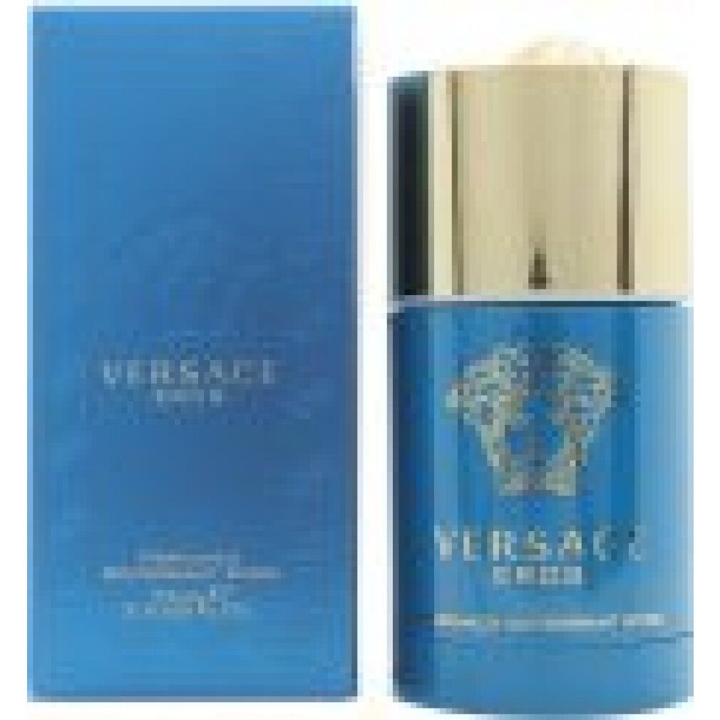 Blauer Deostift und Schachtel. Goldener Deckel. Marke: Versace Eros. Text: Perfumed Deodorant Stick.