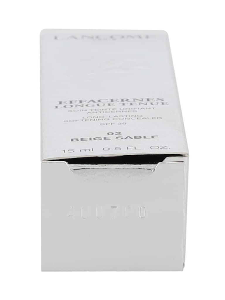 Verpackung von Lancôme Effacernes Longue Tenue SPF 30. Weißer Karton. Text: Effacernes, Longue Tenue, 02 Beige Sable, 15 ml, 0.5 FL. OZ.