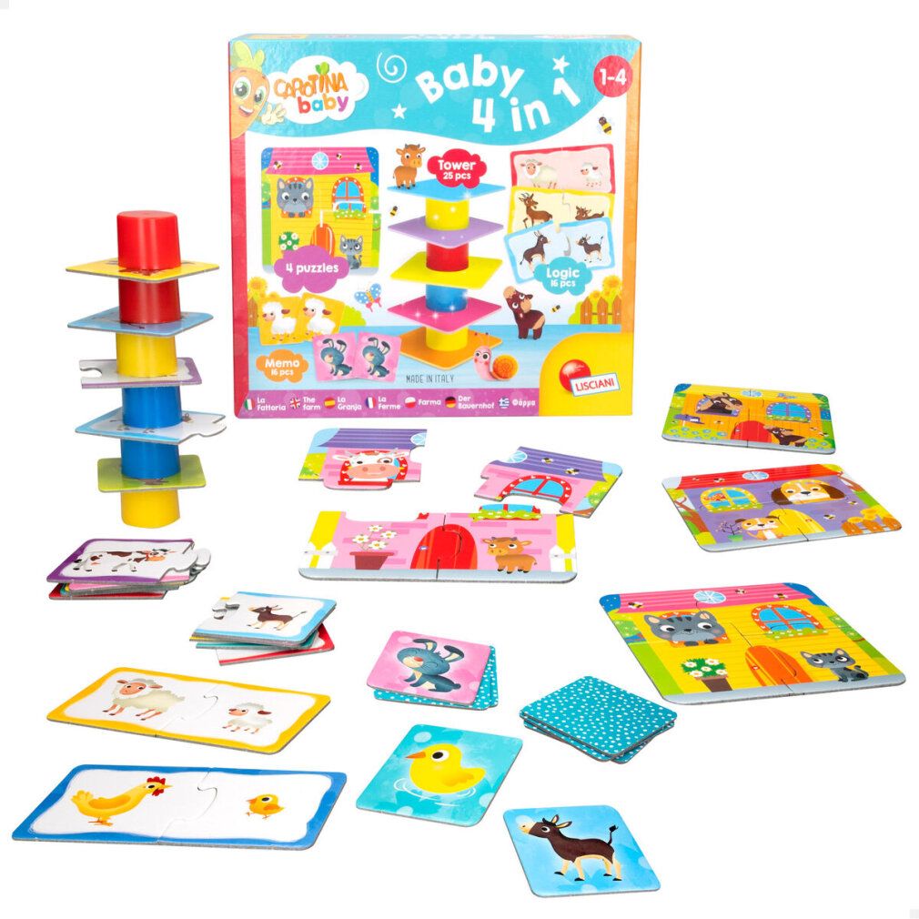 Carotina Baby 4 in 1 Spielzeug. Enthält Puzzles, Turm, Memo-Spiel. Mit Illustrationen von Tieren und Haus. Alter 1-4.