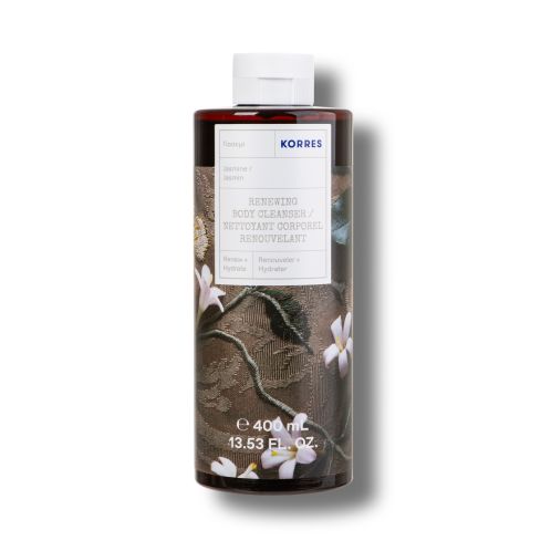 Körperreiniger-Flasche mit weißem Deckel. Aufschrift KORRES. Etikett mit Produktbezeichnung und floralem Muster. Volumenangabe: 400 ml.