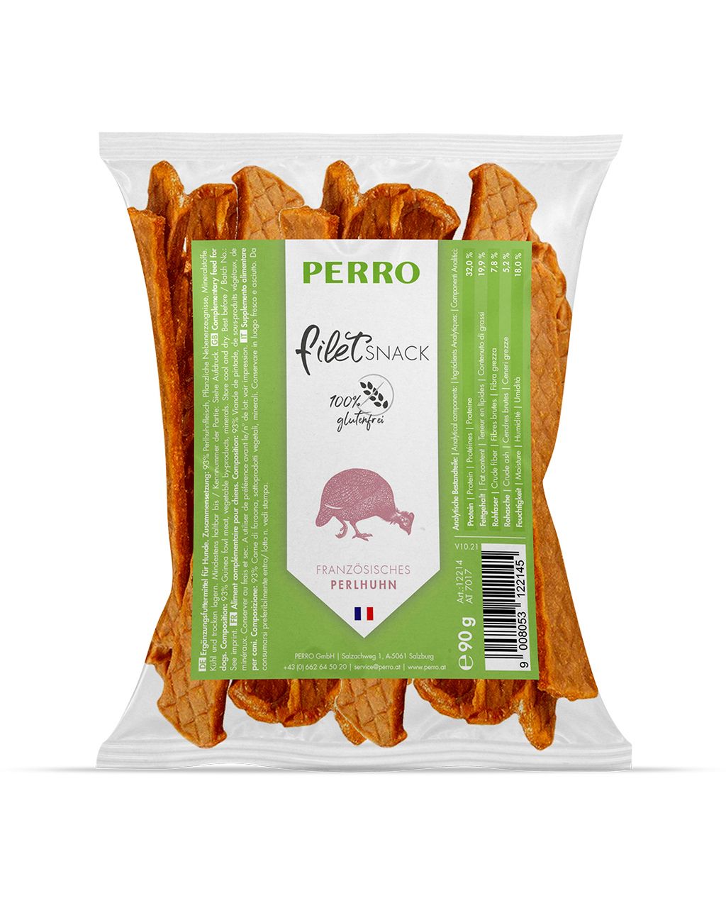 Verpackung mit PERRO Filet Snack. Helle, transparente Tüte mit braunen Snacks. Grün-weißes Etikett mit Produktinformationen und Logo.