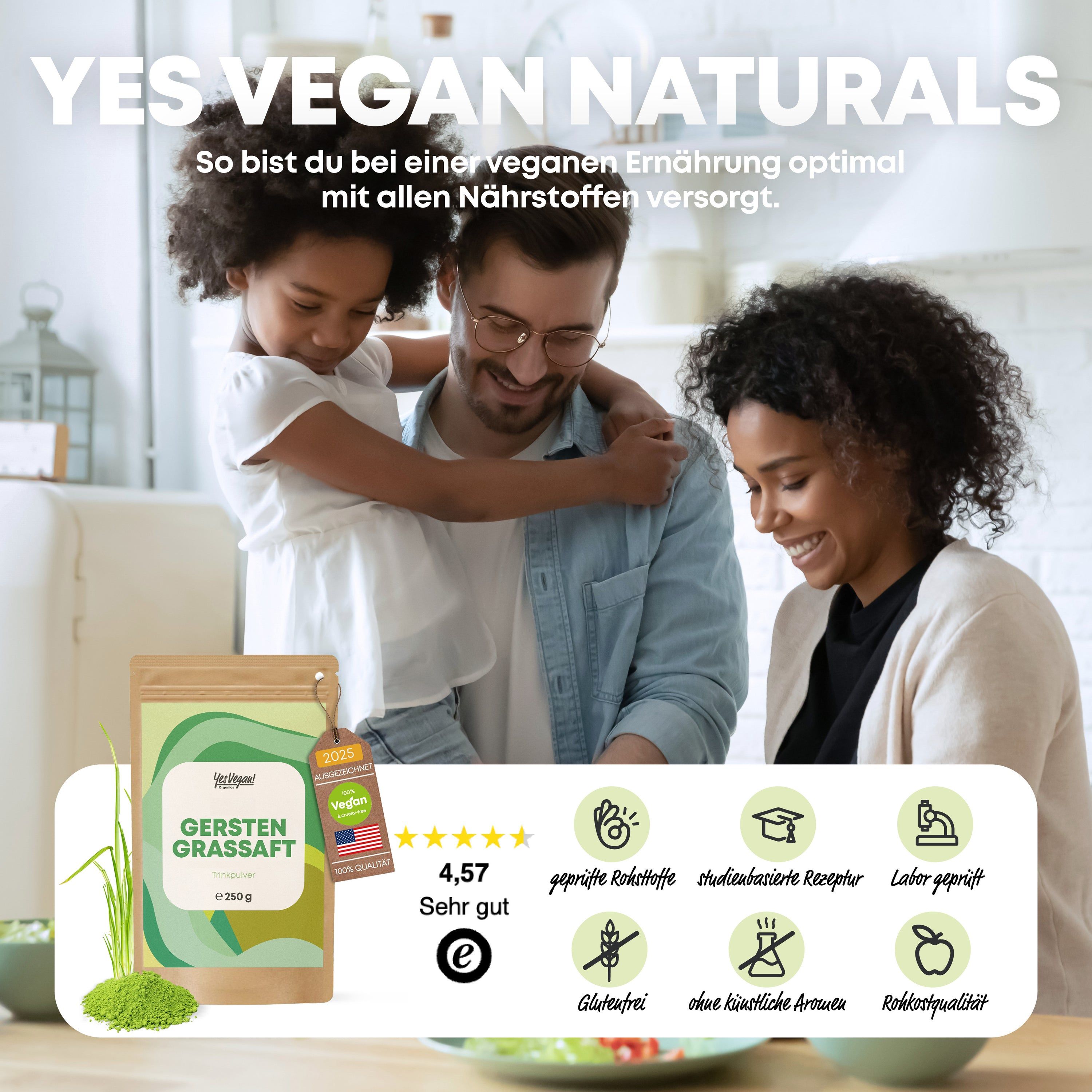 Produktverpackung mit Gerstengrassaft. Familie im Hintergrund. Sternebewertung und Icons für Qualität.