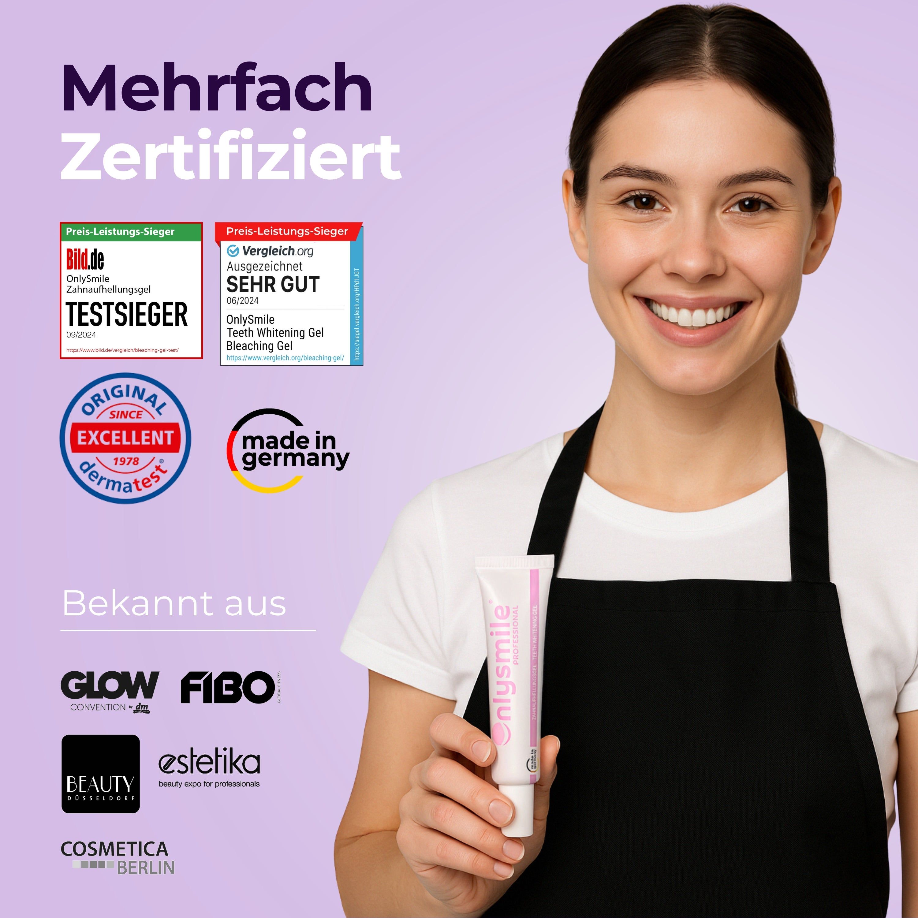 Frau hält OnlySmile Zahnaufhellungsgel. Mehrfach zertifiziert. Made in Germany. Bekannt aus verschiedenen Medien.
