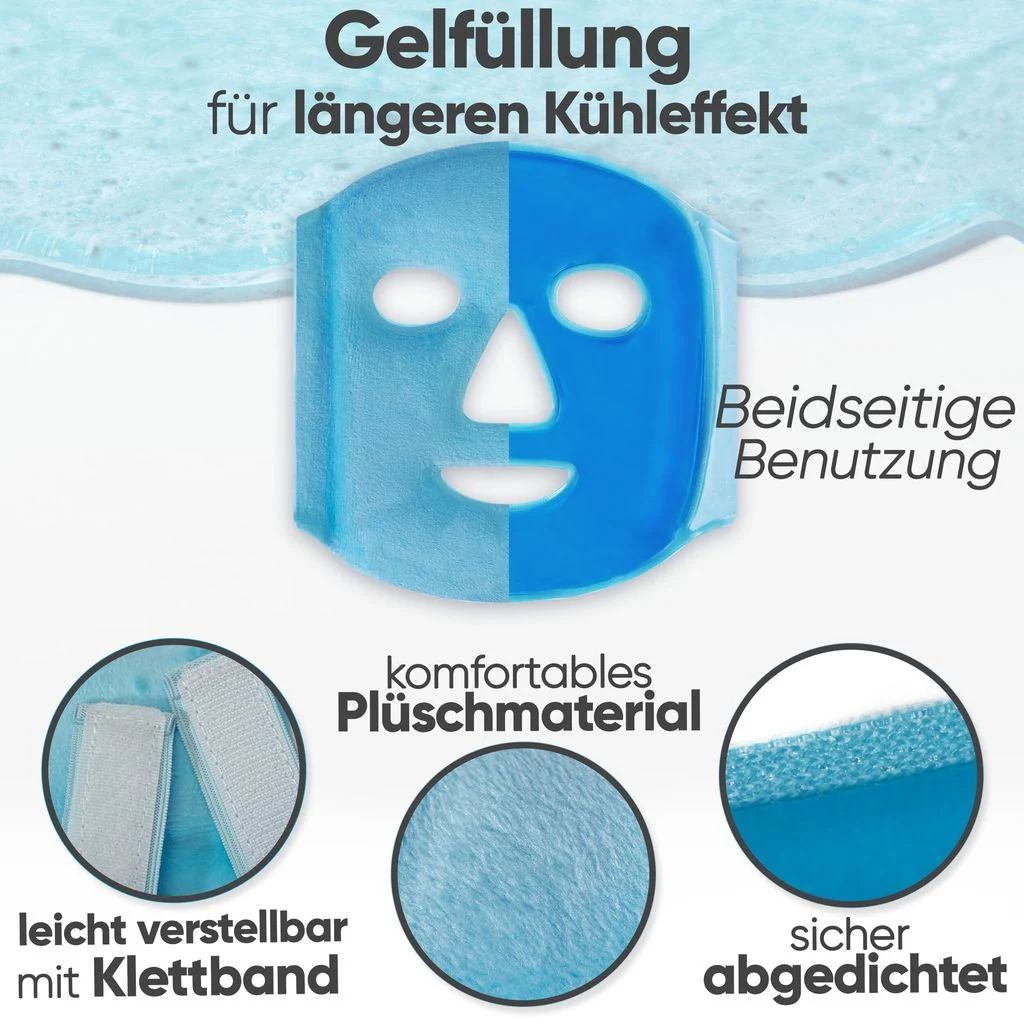 Detailansicht der blauen Kühlmaske: Gel-Füllung, Klettband, Plüschmaterial, sicher abgedichtet.