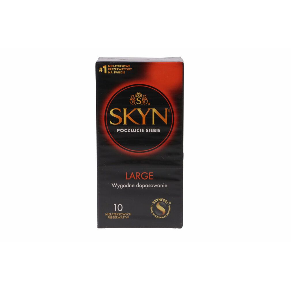 Schwarze Verpackung mit SKYN-Logo und rotem Akzent. Aufschrift: LARGE, 10 Kondome. Skynfeel-Logo.