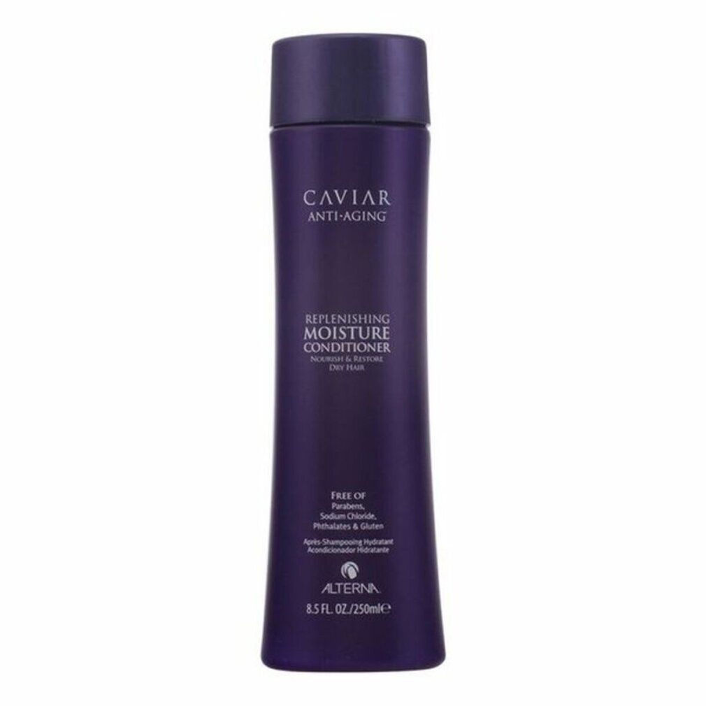Dunkelvioletter Flakon mit dunklem Verschluss. Alterna Caviar Anti-Aging Feuchtigkeitsconditioner.