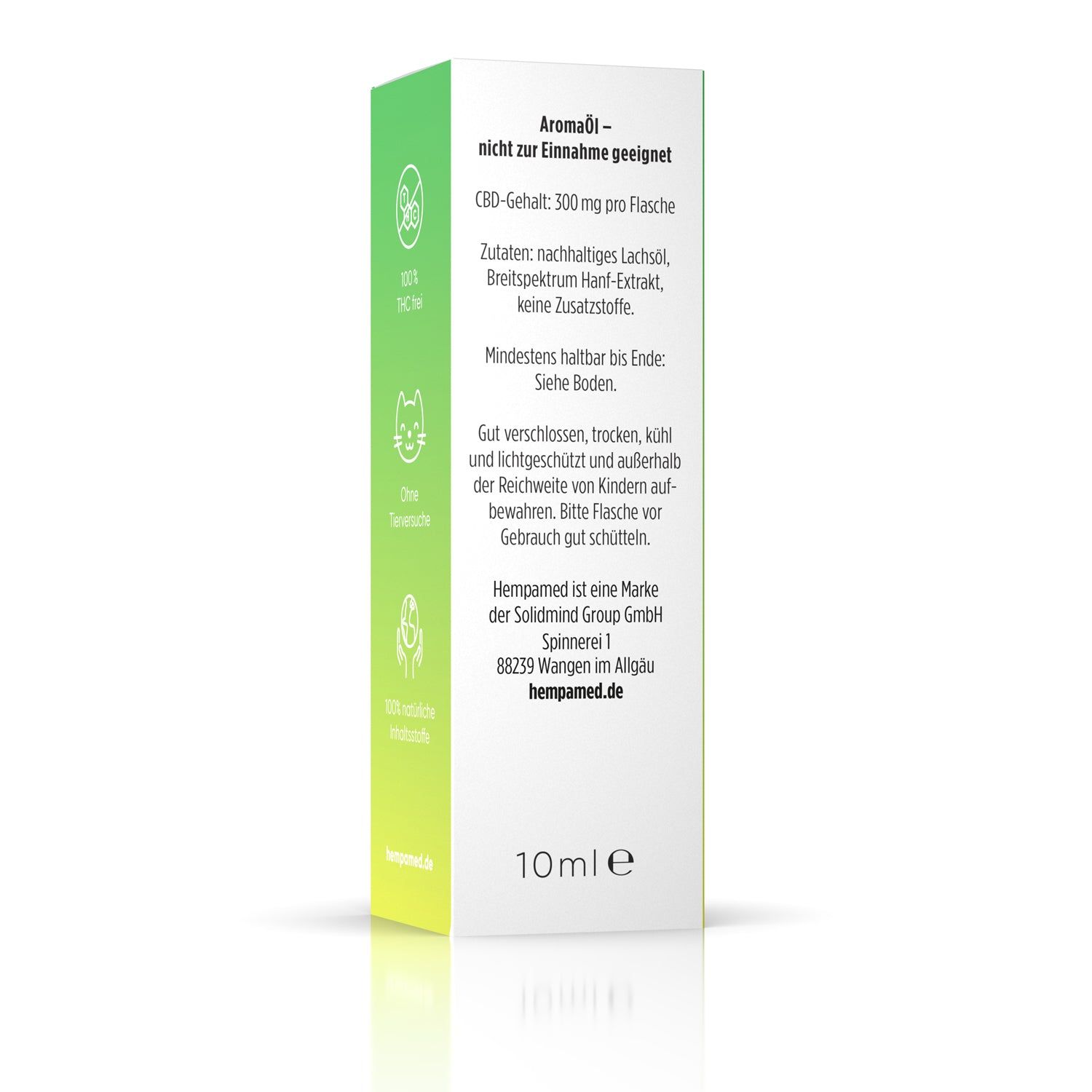 Produktverpackung, Seitenansicht. Text: CBD-Gehalt: 300 mg pro Flasche. Zutaten: nachhaltiges Lachsöl, Breitspektrum Hanf-Extrakt, keine Zusatzstoffe.