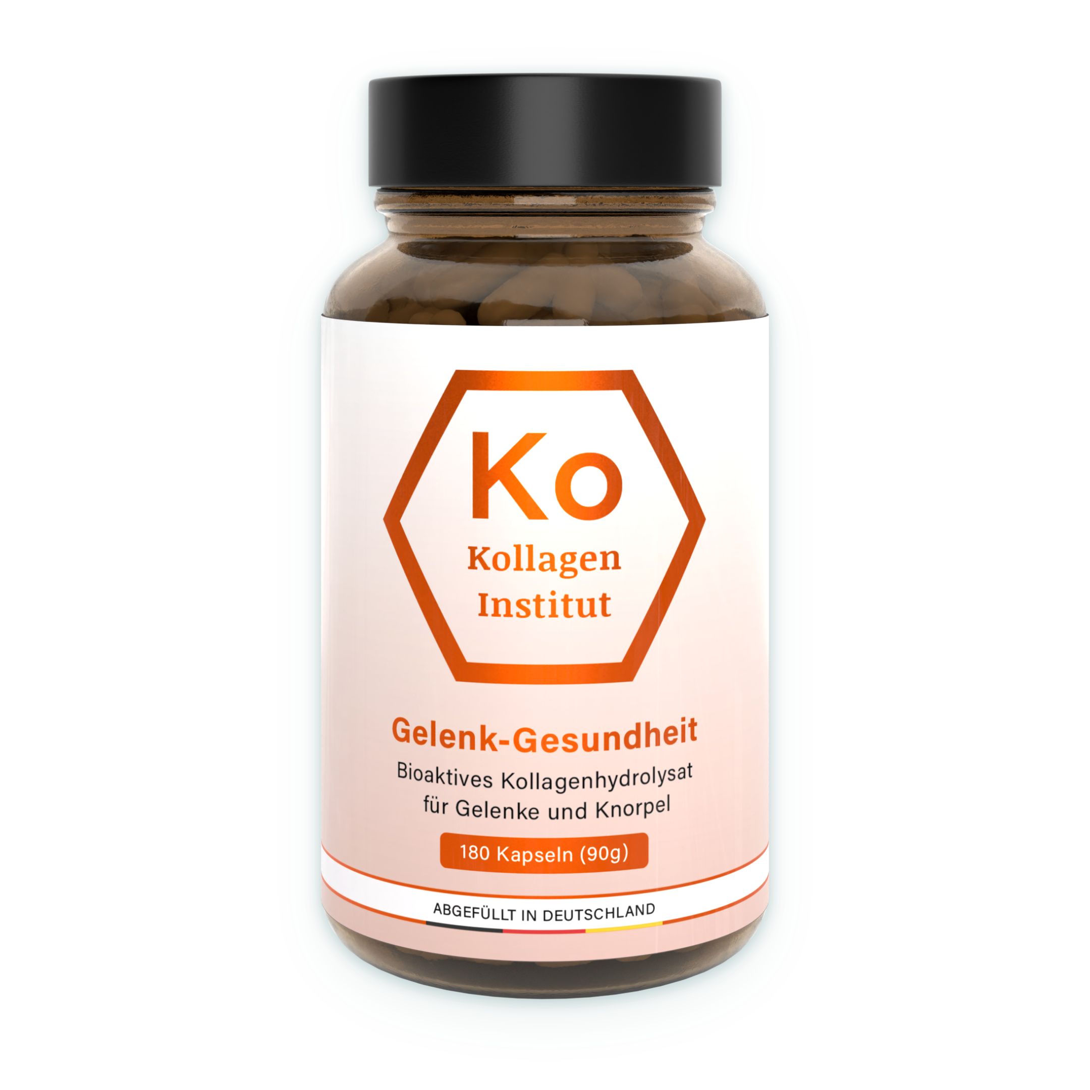 Braune Glasflasche mit schwarzem Deckel, gefüllt mit Kollagenkapseln. Das Etikett zeigt das Logo 'Ko Kollagen Institut' und Informationen zur Gelenkgesundheit.
