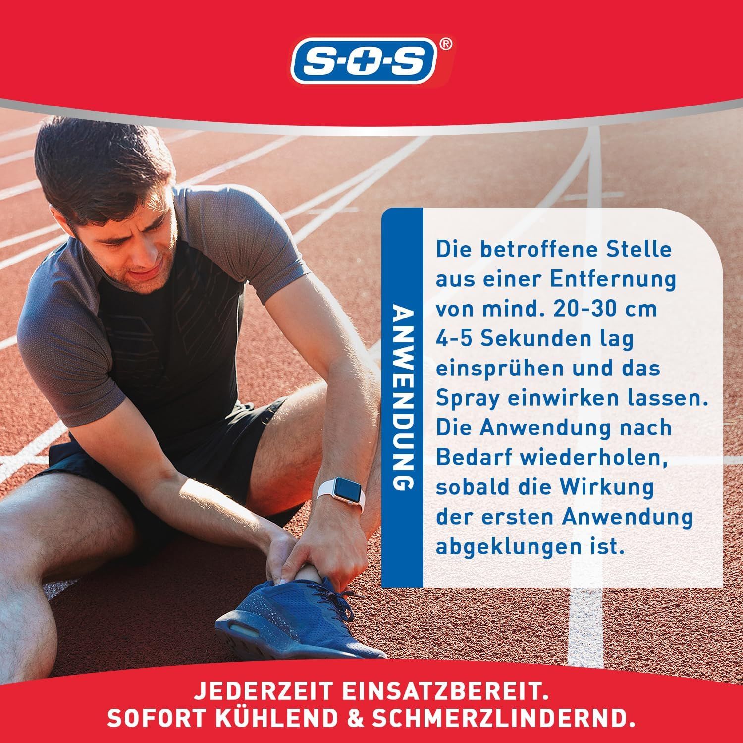 Mann sitzt auf Laufbahn, hält Knöchel. Text: Anwendung. Betroffene Stelle aus 20-30 cm Entfernung besprühen. Anwendung wiederholen, sobald Wirkung nachlässt.