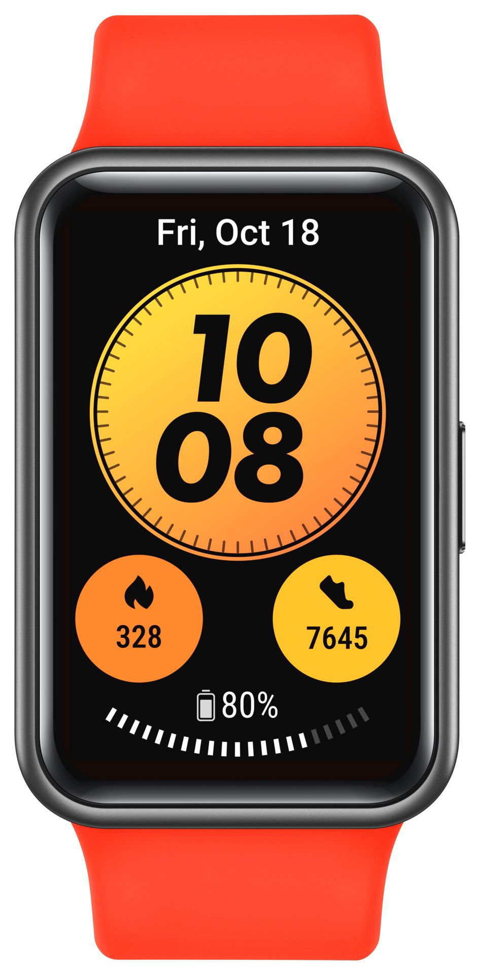 Fitness-Tracker mit rotem Armband. Schwarzes Display mit Uhrzeit, Datum, Schritten und Kalorien. Akkuanzeige.
