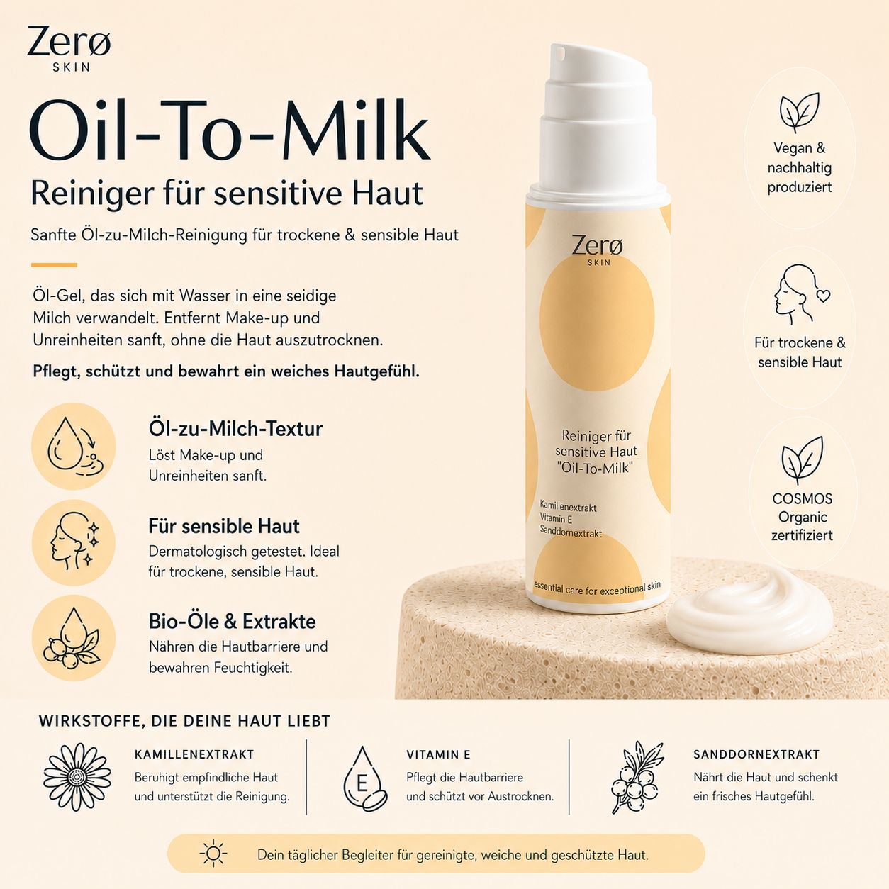 Produktwerbung für Zero Skin Oil-To-Milk Reiniger. Text und Produktabbildung auf beigem Hintergrund. Enthält Informationen zu Inhaltsstoffen.