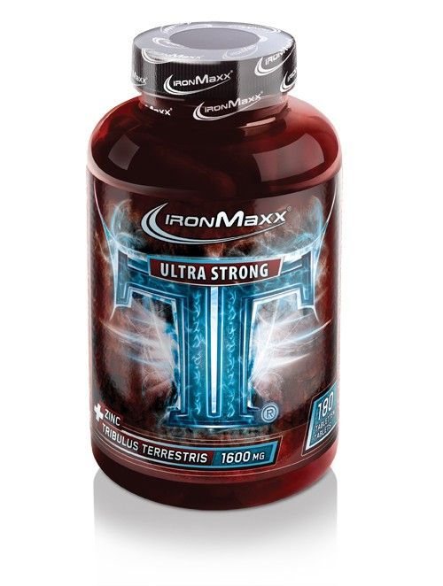 Braune Flasche mit Kapseln. Aufschrift: IronMaxx, Ultra Strong, Tribulus Terrestris, 1600 mg. 180 Tabletten.