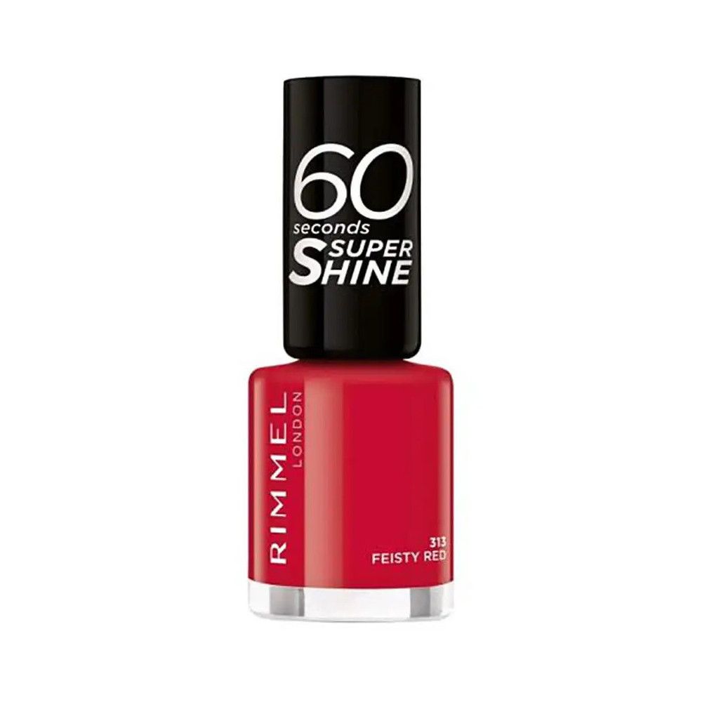 Roter Nagellack von Rimmel. Schwarzer Deckel mit weißer Schrift: 60 Seconds Super Shine. Aufschrift: Rimmel London, 313 Feisty Red.