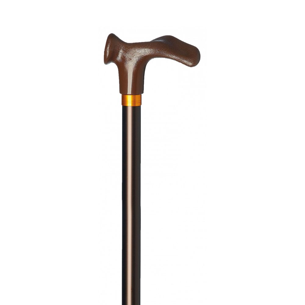 Gehstock mit braunem Griff und Schaft. Der Griff ist ergonomisch geformt. Der Schaft ist dunkelbraun mit einem goldenen Ring.
