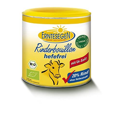 Erntesegen Rinderbouillon hefefrei Bio in gelber Dose mit Kuh-Abbildung und Bio-Siegel.