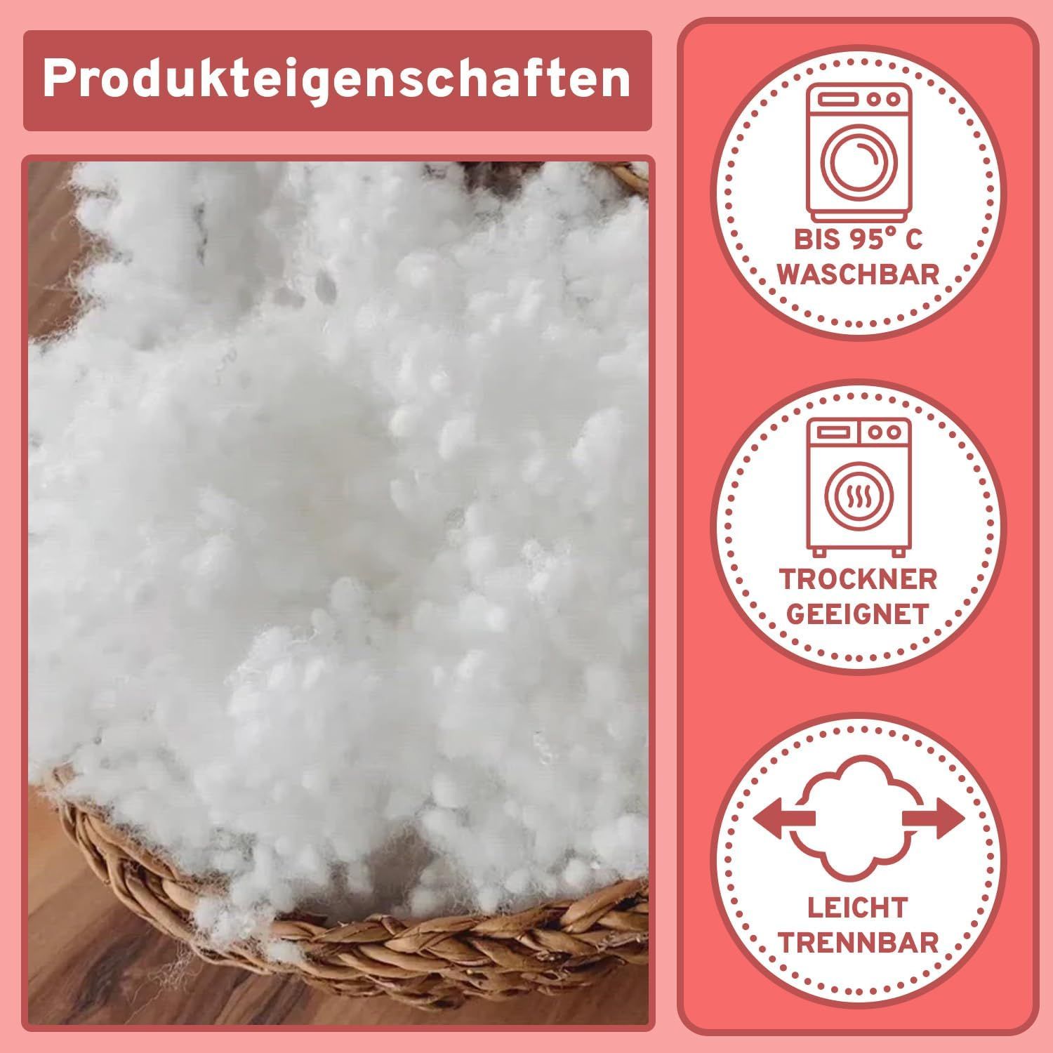 Nahaufnahme von weißer Füllwatte in einem Korb. Text: Produkteigenschaften. Symbole: Waschbar bis 95°C, Trockner geeignet, leicht trennbar.