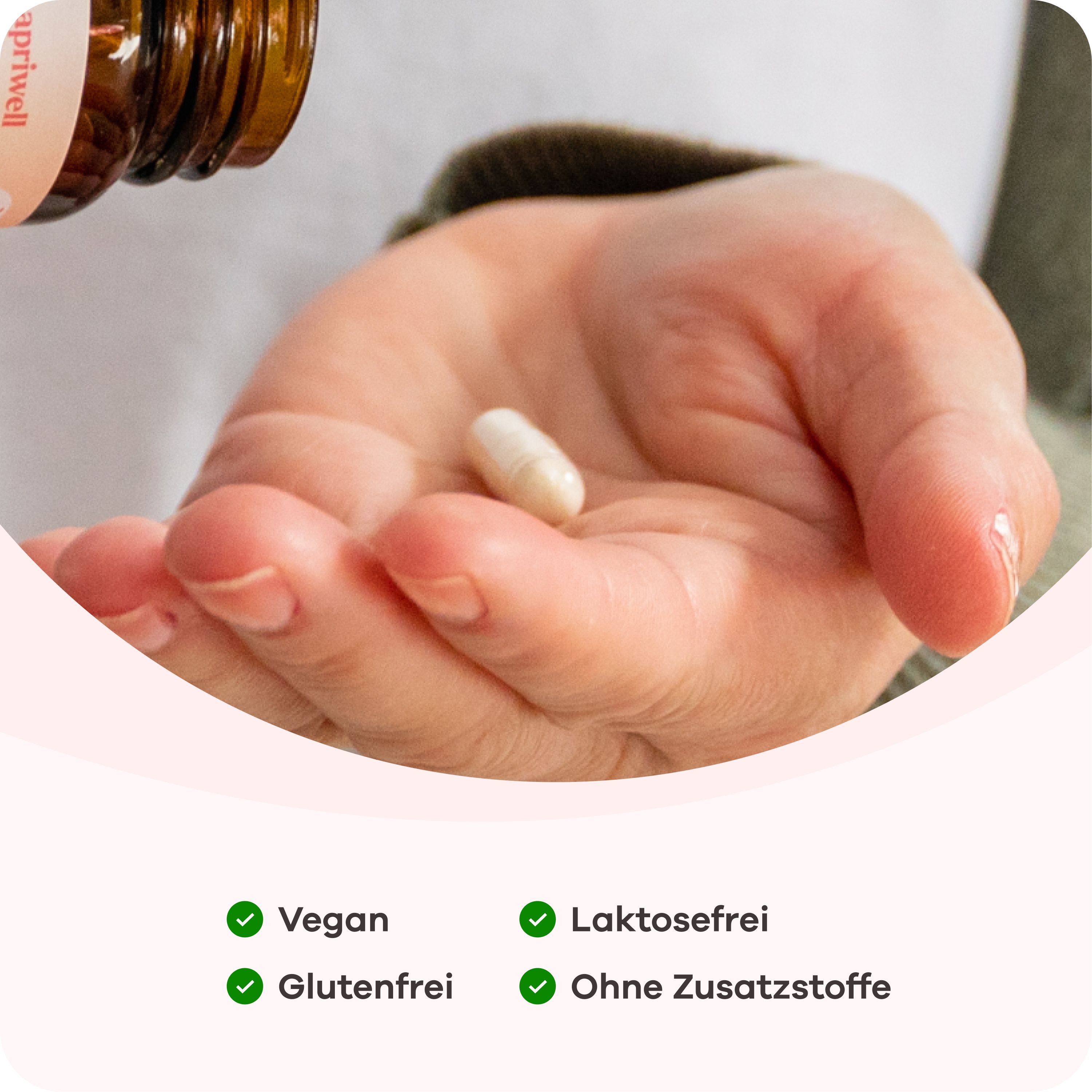 Hand hält Kapsel. Text: Vegan, laktosefrei, glutenfrei, ohne Zusatzstoffe.