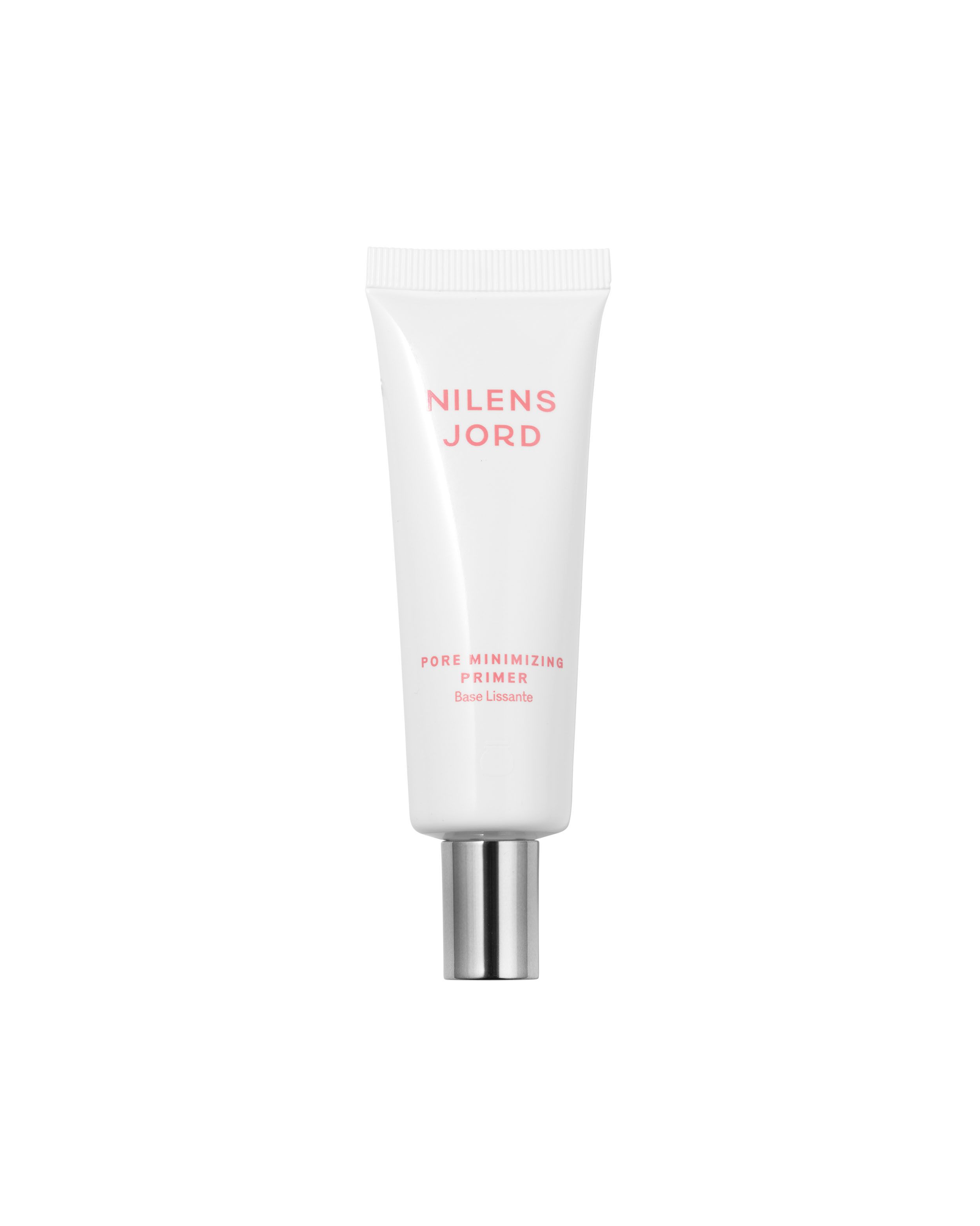 Weiße Tube mit silbernem Verschluss. "Nilens Jord Pore Minimizing Primer" steht darauf.