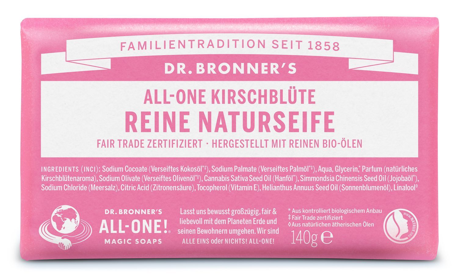 Rosa Seife mit Schriftzug "DR. BRONNER'S ALL-ONE KIRSCHBLÜTE REINE NATURSEIFE". Fair Trade zertifiziert. 140g.