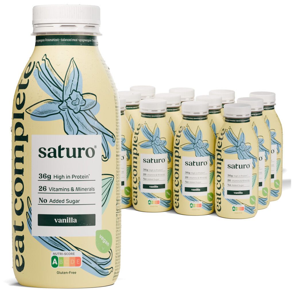 Saturo Trinknahrung Vanille: 36g Protein, 26 Vitamine & Mineralien, ohne Zuckerzusatz. Vegan.