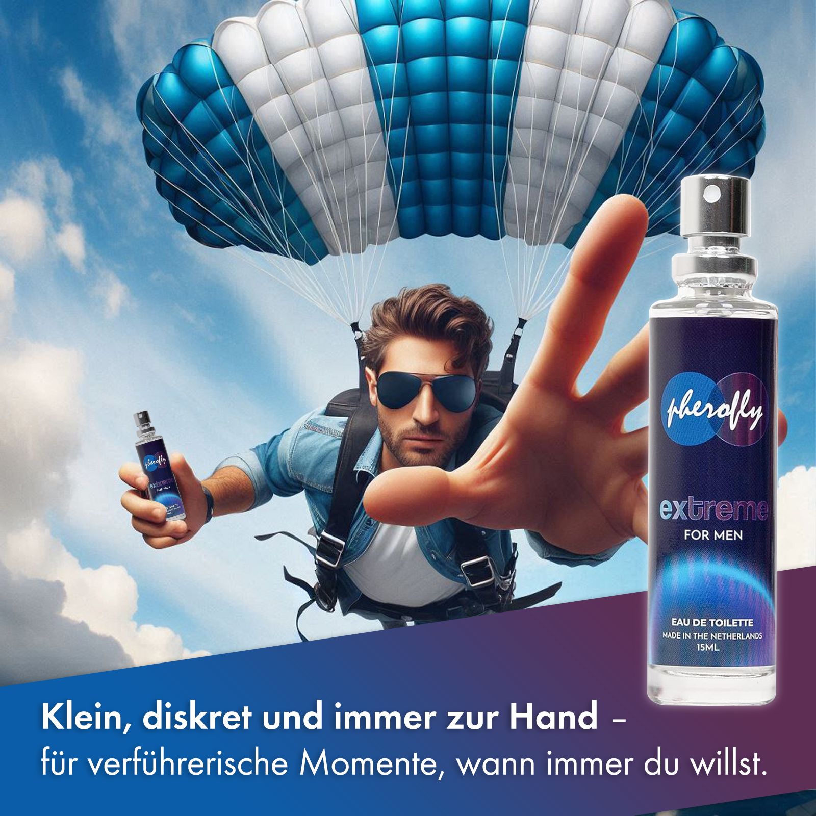 Pherofly Extreme für Herren Eau de Toilette Flakon. Mann mit Sonnenbrille und Fallschirm. Text: Klein, diskret und immer zur Hand.