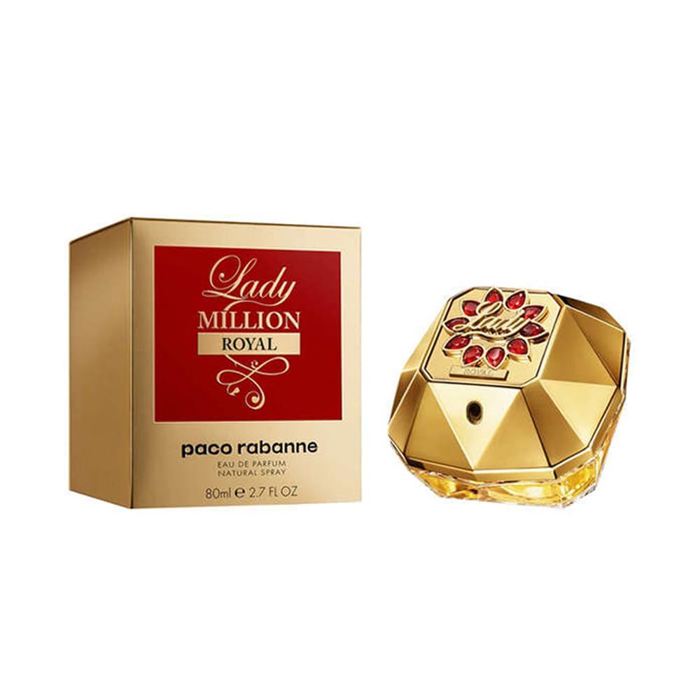 Goldfarbener Flakon und Verpackung. Auf der Verpackung steht "Lady Million Royal" und "Paco Rabanne".