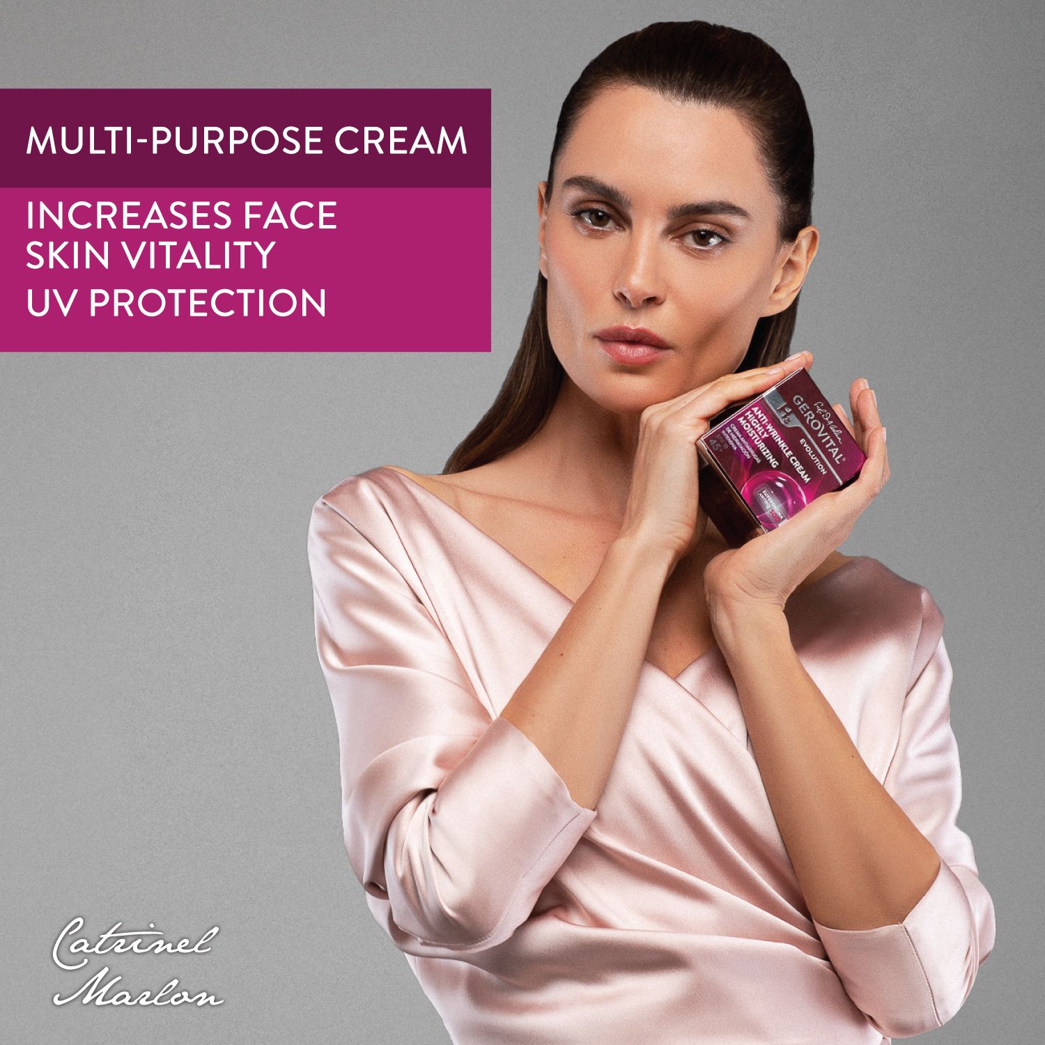 Frau hält eine Schachtel mit Gerovital H3 Evolution. Text: Multi-Purpose Cream, erhöht die Hautvitalität, UV-Schutz.