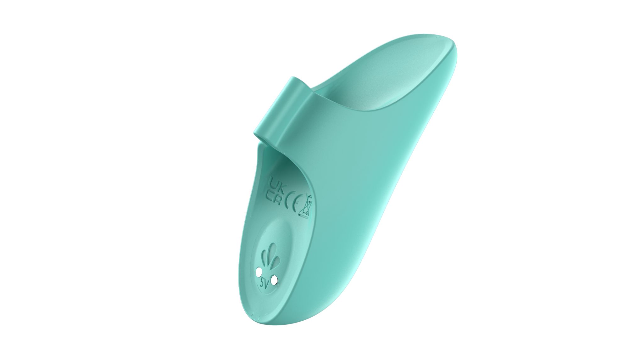 Türkisfarbener Finger-Vibrator. Ergonomische Form mit abgerundeter Spitze und Fingerhalterung. Zwei Knöpfe und CE-Kennzeichnung.